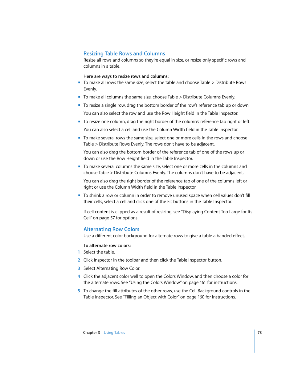 Resizing table rows and columns, Alternating row colors | Apple Numbers '08 User Manual | Page 73 / 295