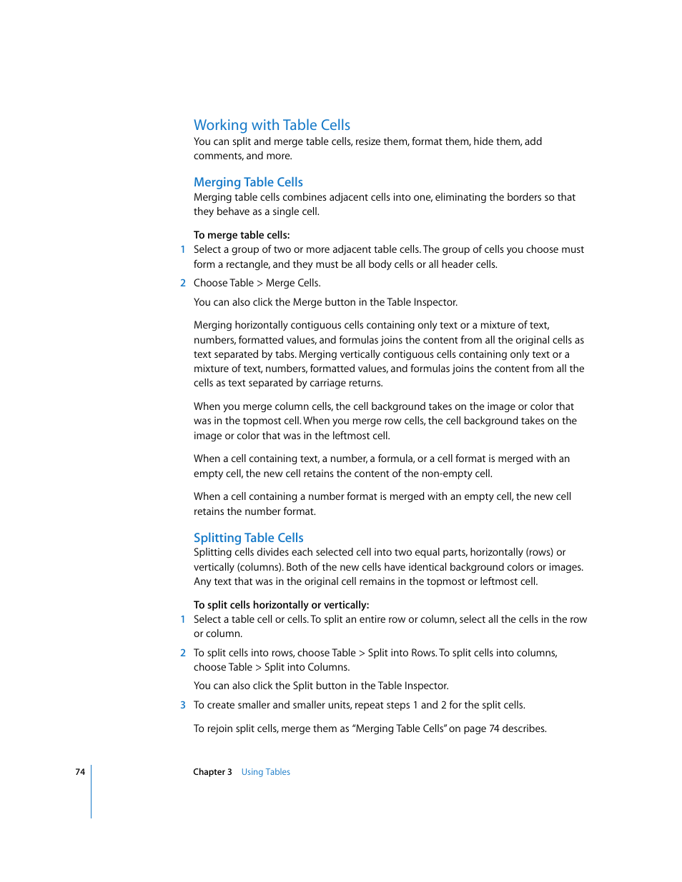 Working with table cells, Merging table cells, Splitting table cells | Apple Numbers '08 User Manual | Page 74 / 295