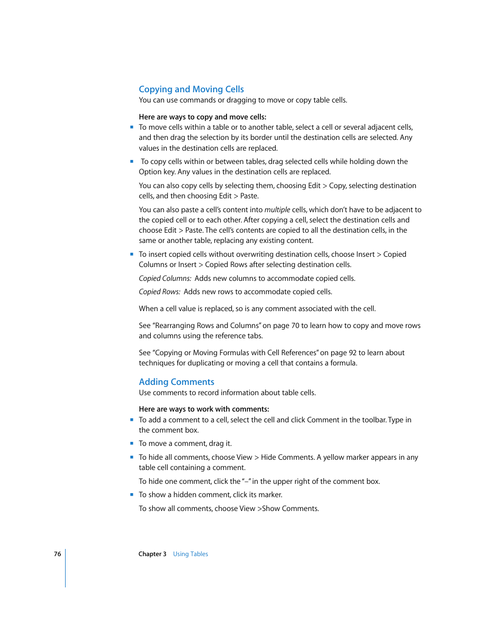 Copying and moving cells, Adding comments | Apple Numbers '08 User Manual | Page 76 / 295