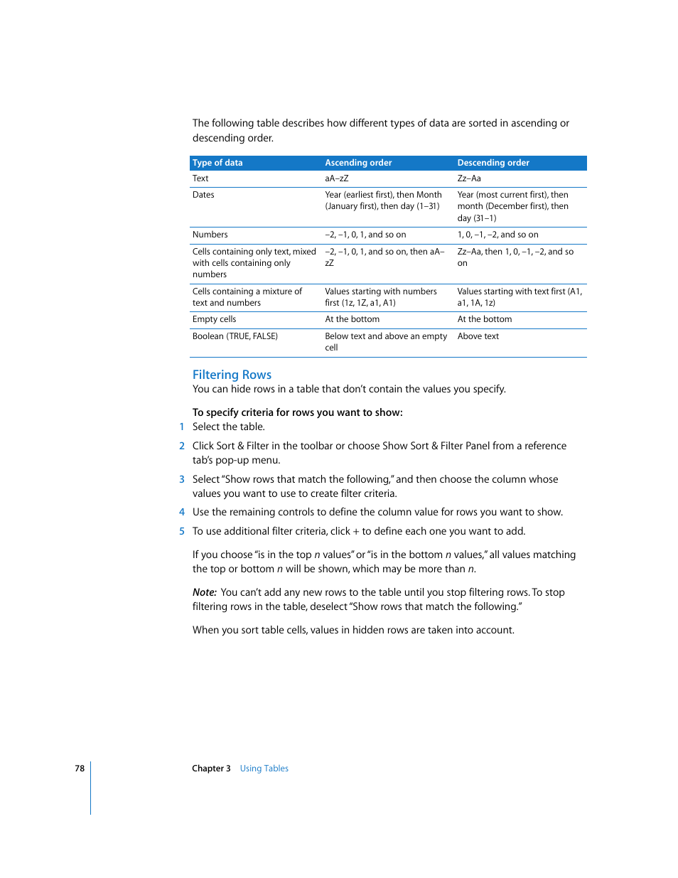 Filtering rows | Apple Numbers '08 User Manual | Page 78 / 295