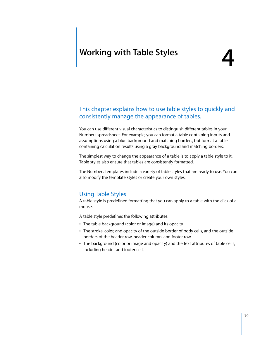 Working with table styles, Using table styles, Chapter 4 | See chapter 4, “working with table | Apple Numbers '08 User Manual | Page 79 / 295