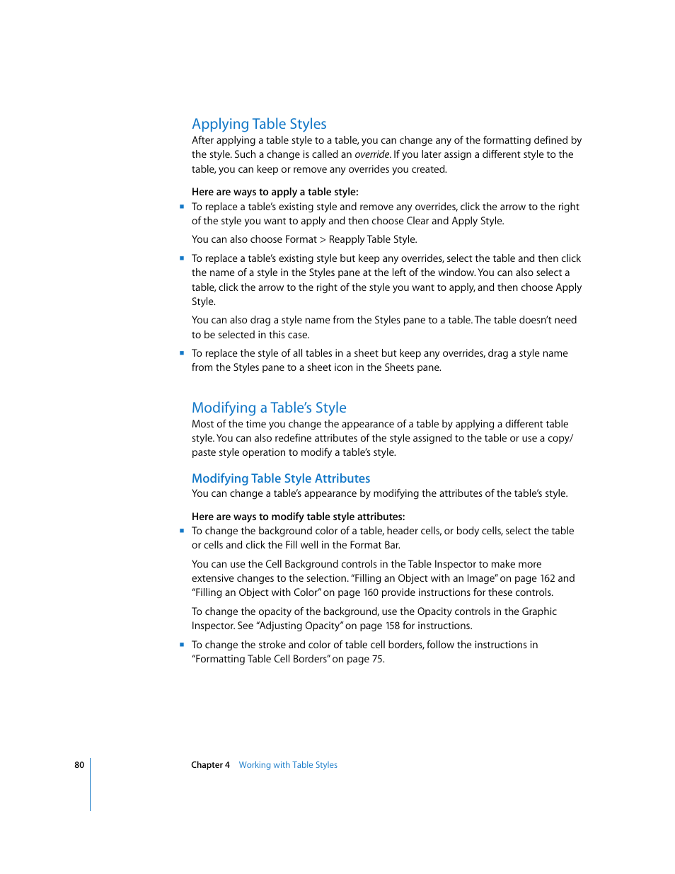 Applying table styles, Modifying a table’s style, Modifying table style attributes | Apple Numbers '08 User Manual | Page 80 / 295