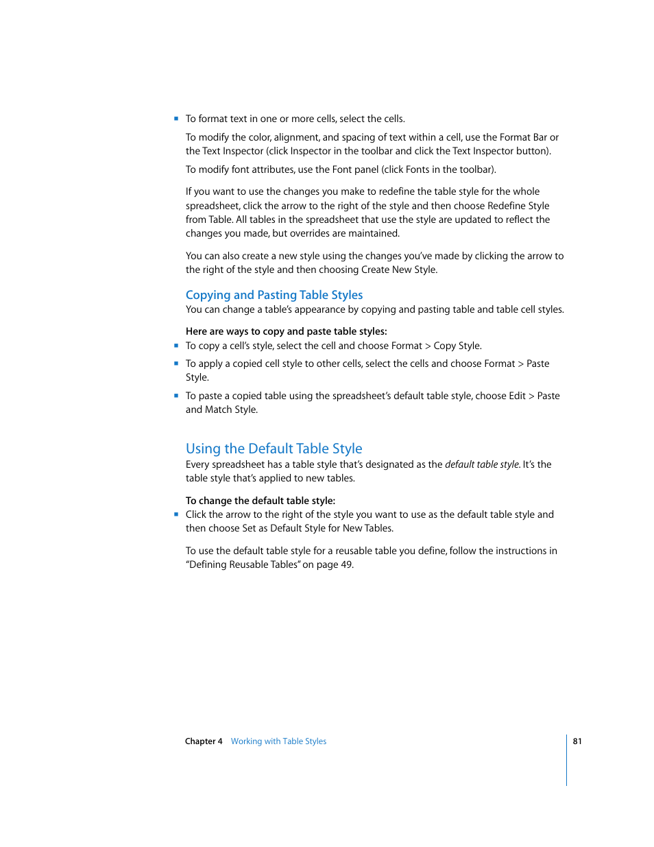 Copying and pasting table styles, Using the default table style | Apple Numbers '08 User Manual | Page 81 / 295