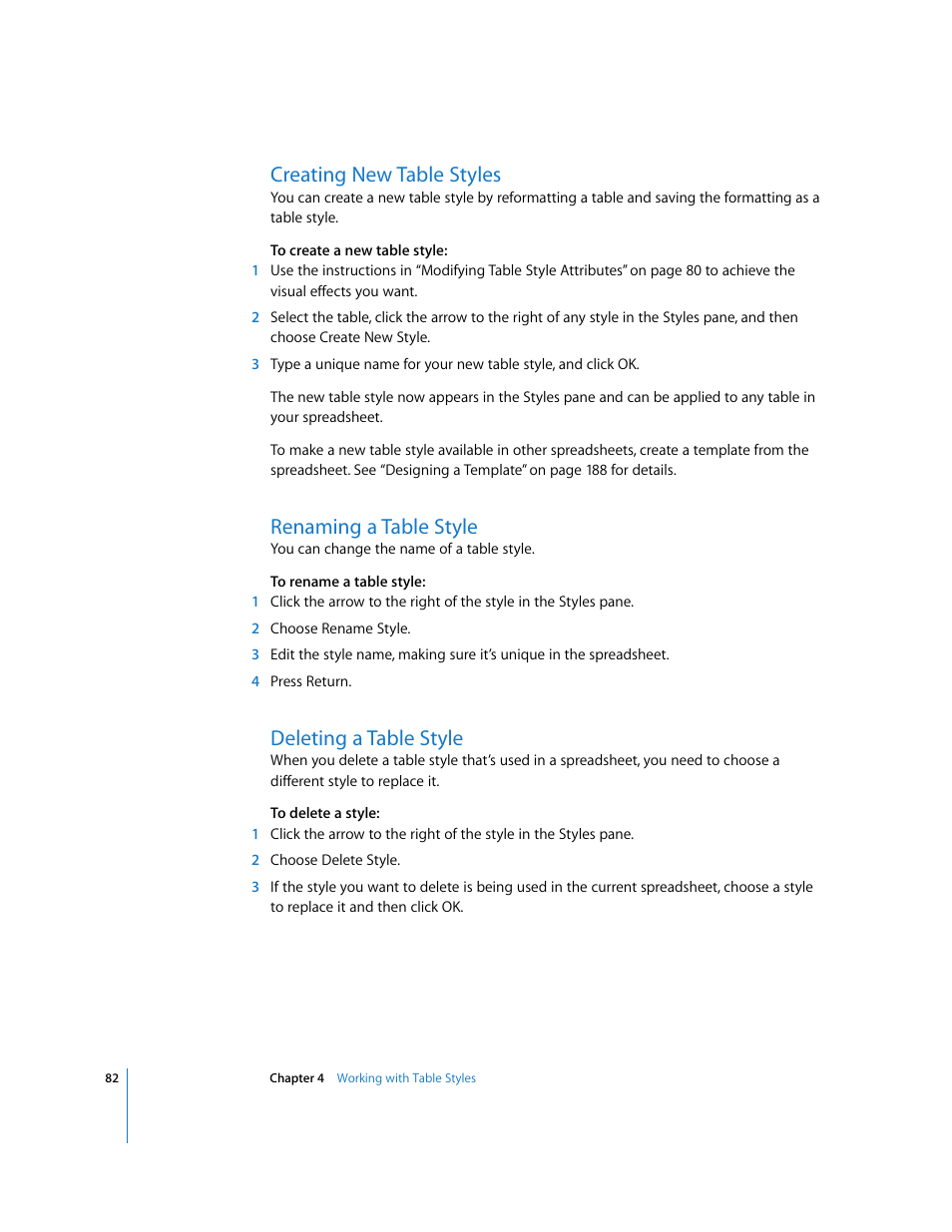 Creating new table styles, Renaming a table style, Deleting a table style | Apple Numbers '08 User Manual | Page 82 / 295