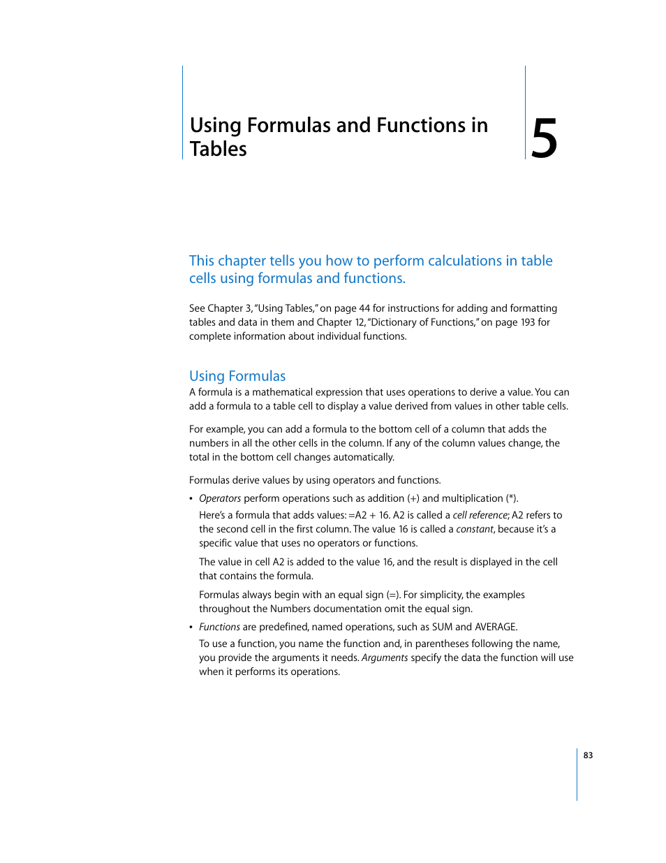 Using formulas and functions in tables, Using formulas, Chapter 5 | See chapter 5, “using formulas and | Apple Numbers '08 User Manual | Page 83 / 295