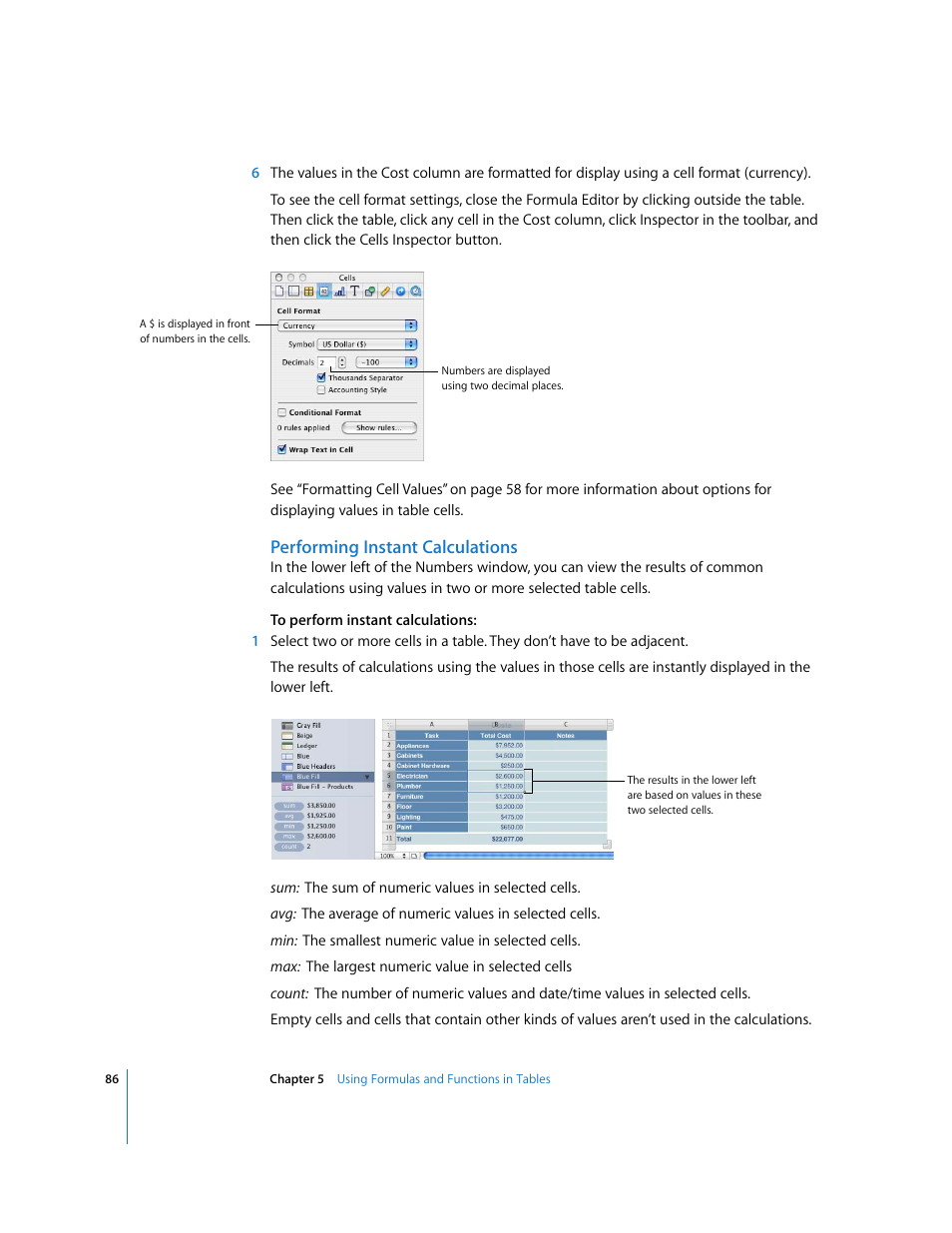 Performing instant calculations | Apple Numbers '08 User Manual | Page 86 / 295