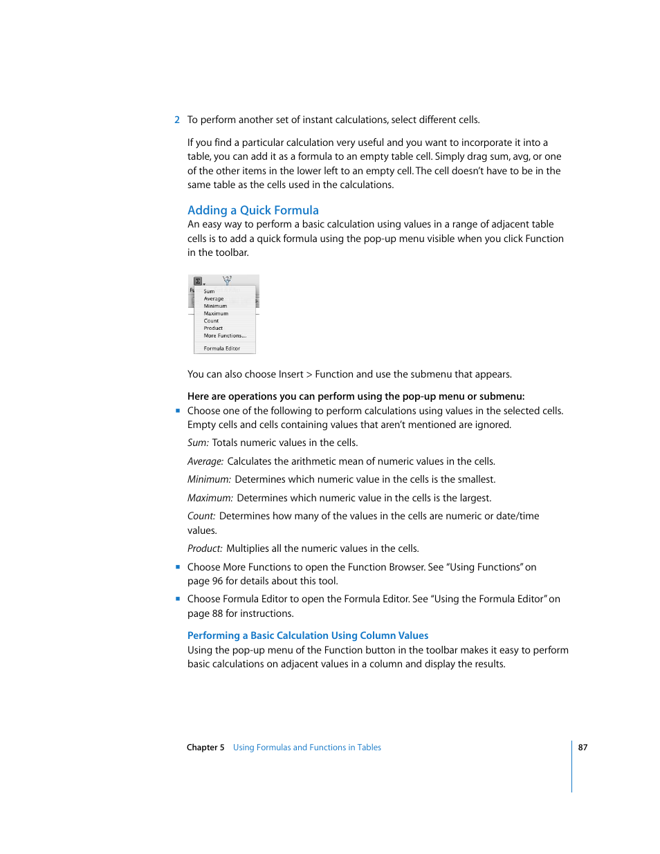 Adding a quick formula, Performing a basic calculation using column values | Apple Numbers '08 User Manual | Page 87 / 295