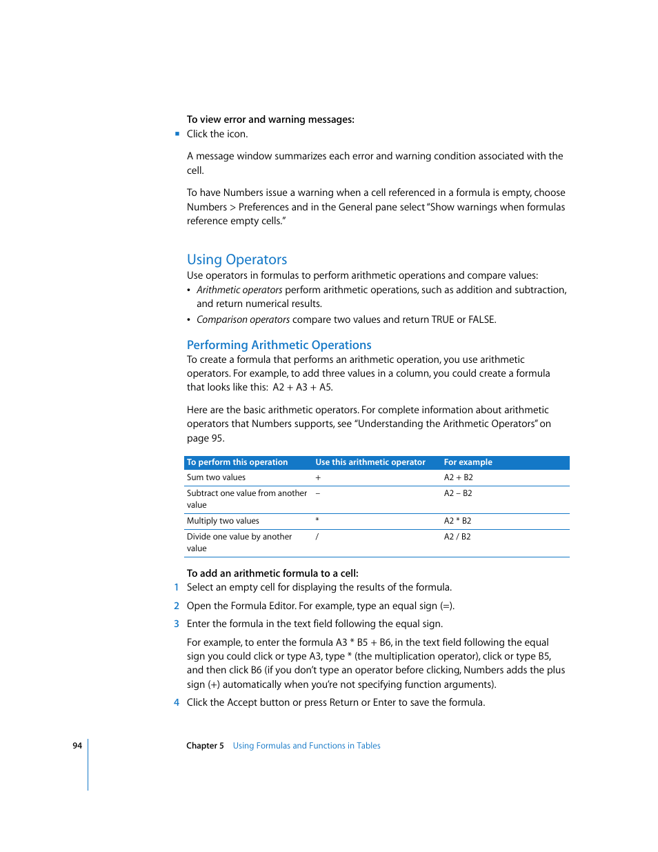 Using operators, Performing arithmetic operations | Apple Numbers '08 User Manual | Page 94 / 295