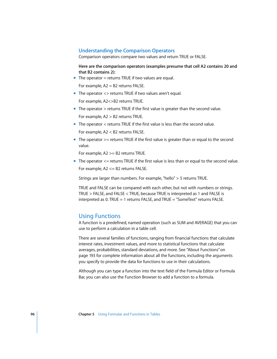 Understanding the comparison operators, Using functions | Apple Numbers '08 User Manual | Page 96 / 295