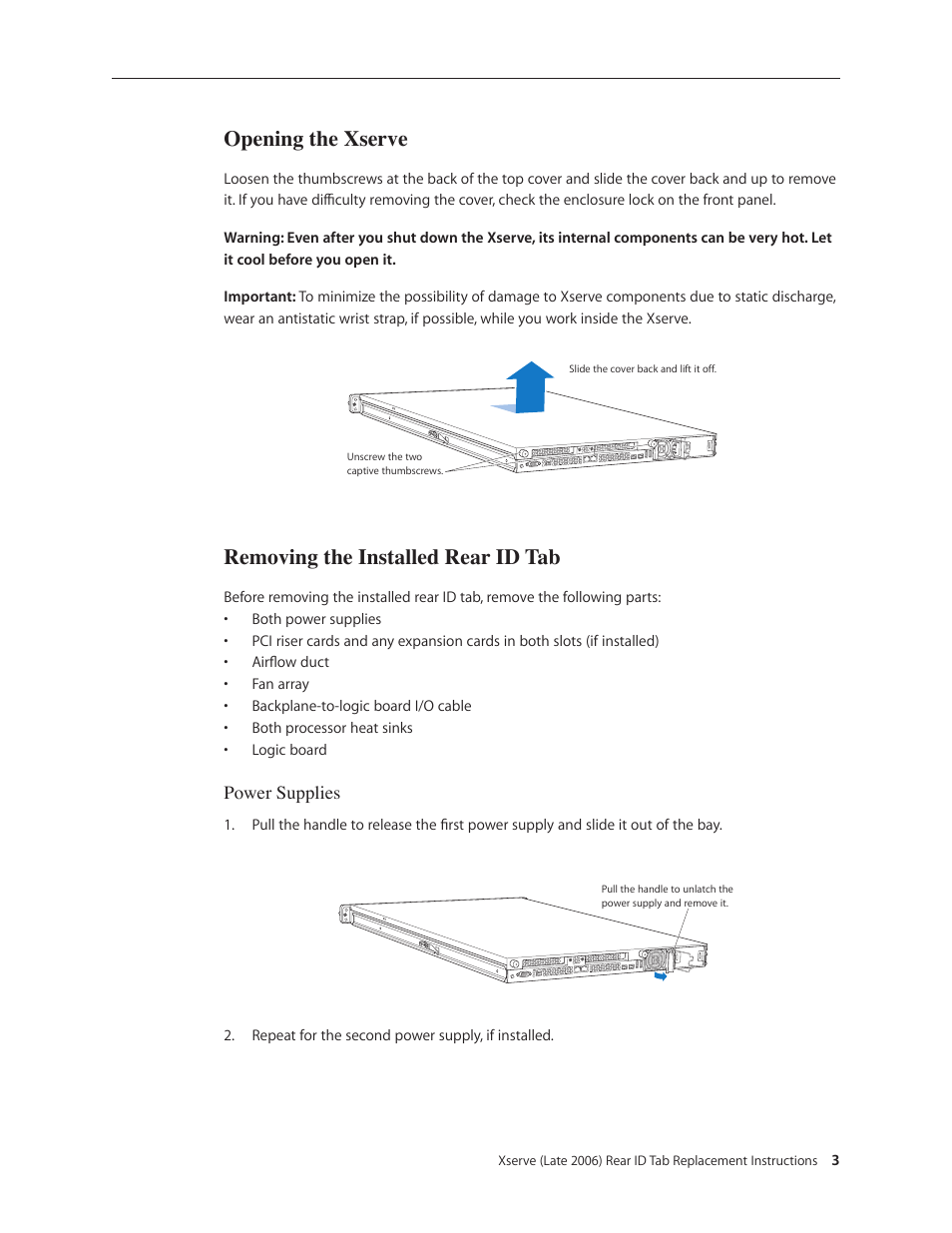 Opening the xserve, Removing the installed rear id tab, Power supplies | Apple Xserve Intel (Late 2006) DIY Procedure for Rear ID Tab User Manual | Page 3 / 22