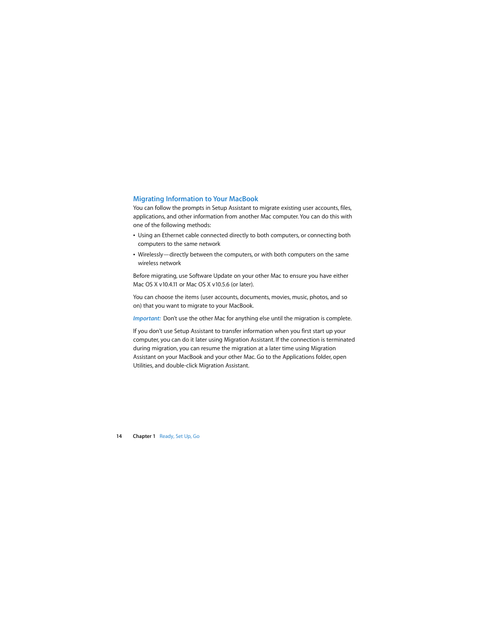 Migrating information to your macbook | Apple MacBook (13-inch, Late 2009) User Manual | Page 14 / 88