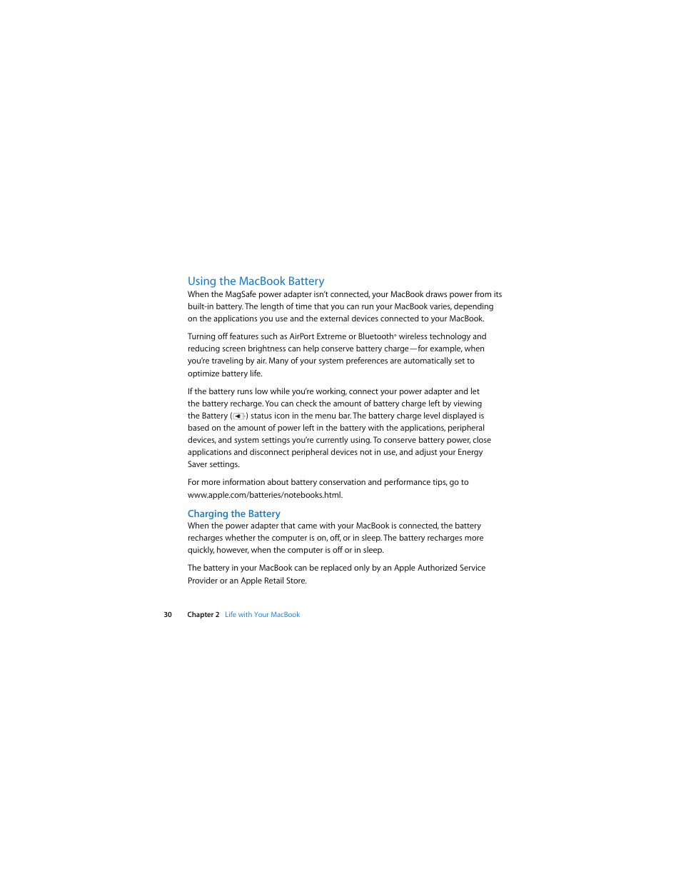 Using the macbook battery, Charging the battery | Apple MacBook (13-inch, Late 2009) User Manual | Page 30 / 88