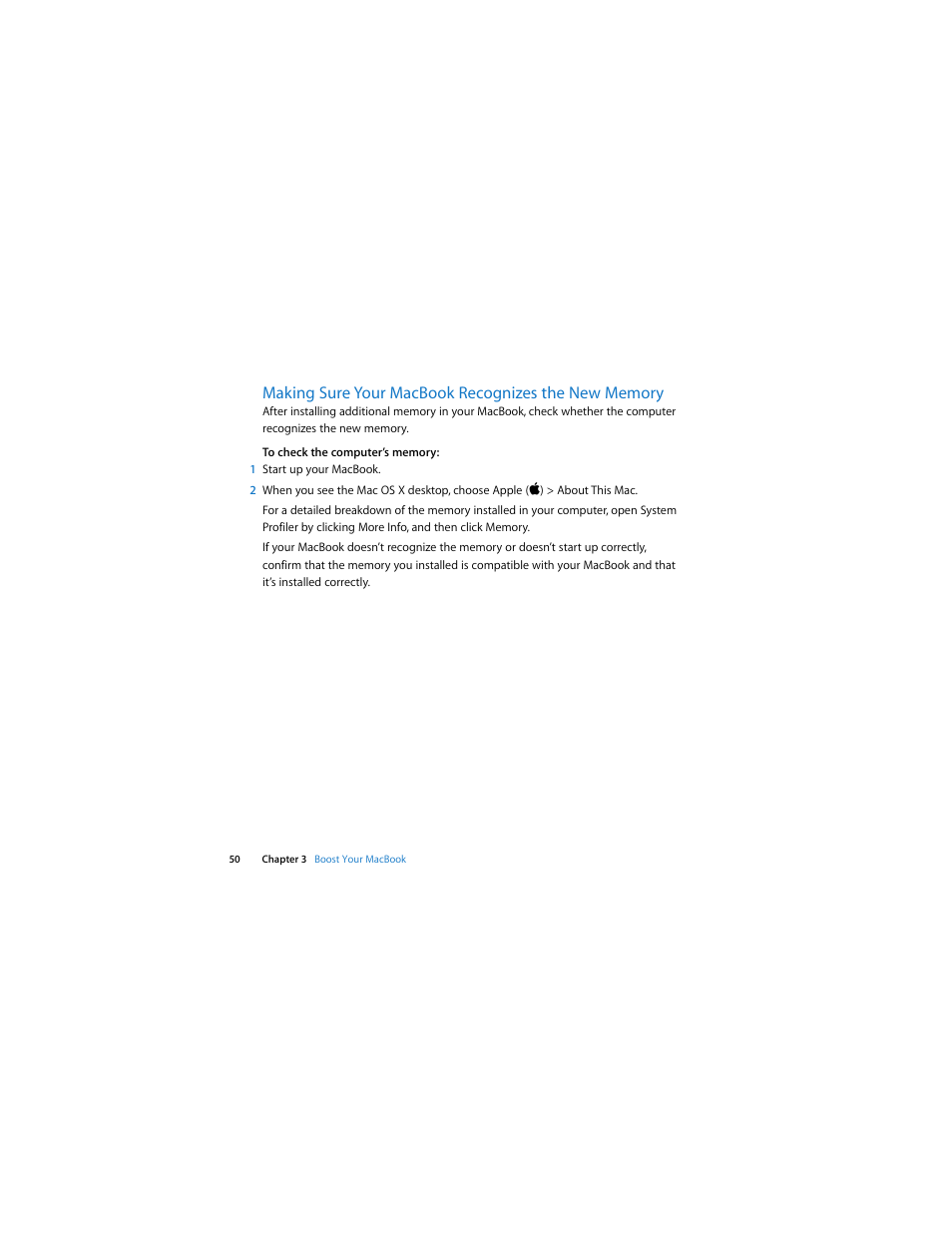 Making sure your macbook recognizes the new memory | Apple MacBook (13-inch, Late 2009) User Manual | Page 50 / 88