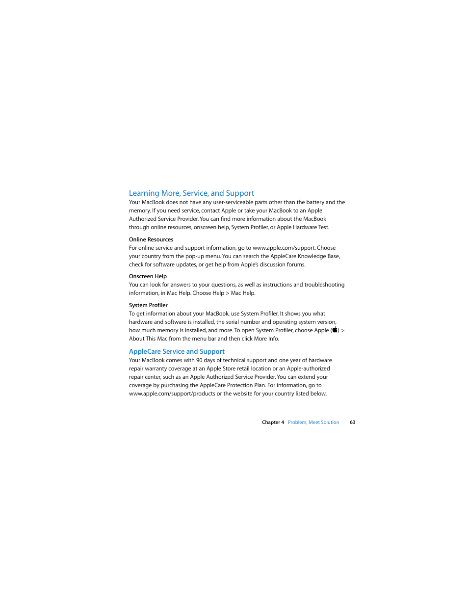 Learning more, service, and support, Applecare service and support | Apple MacBook (13-inch, Late 2009) User Manual | Page 63 / 88