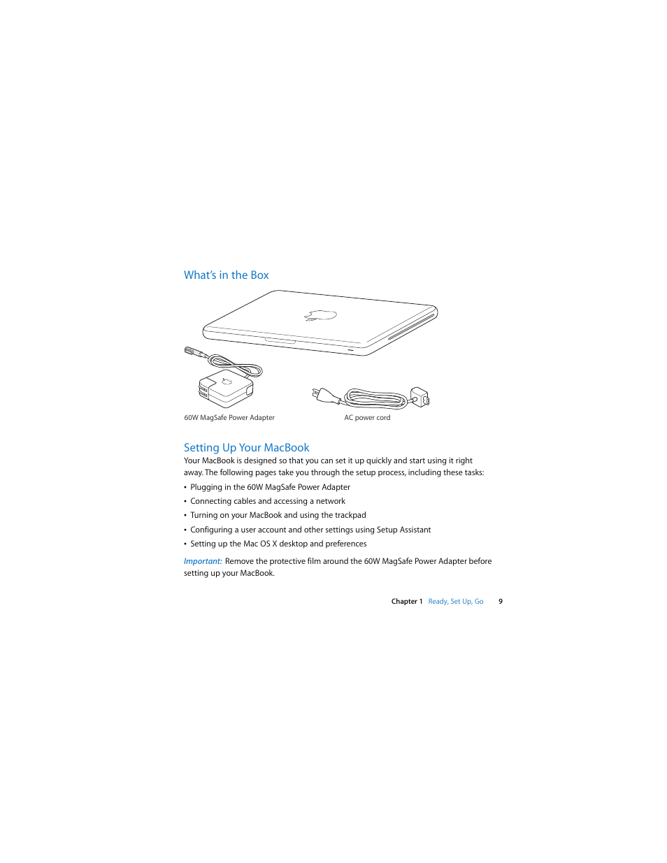 What’s in the box, Setting up your macbook, What’s in the box setting up your macbook | Apple MacBook (13-inch, Late 2009) User Manual | Page 9 / 88