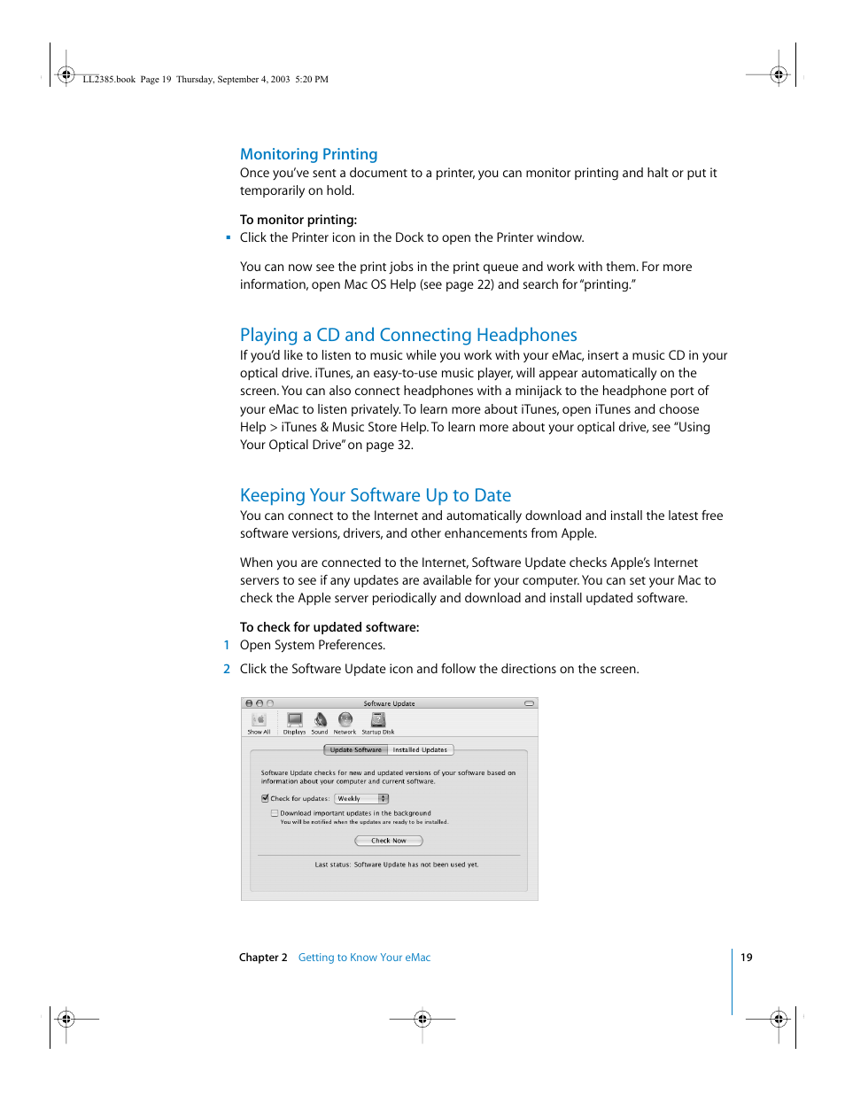 Playing a cd and connecting headphones, Keeping your software up to date | Apple eMac User Manual | Page 19 / 80