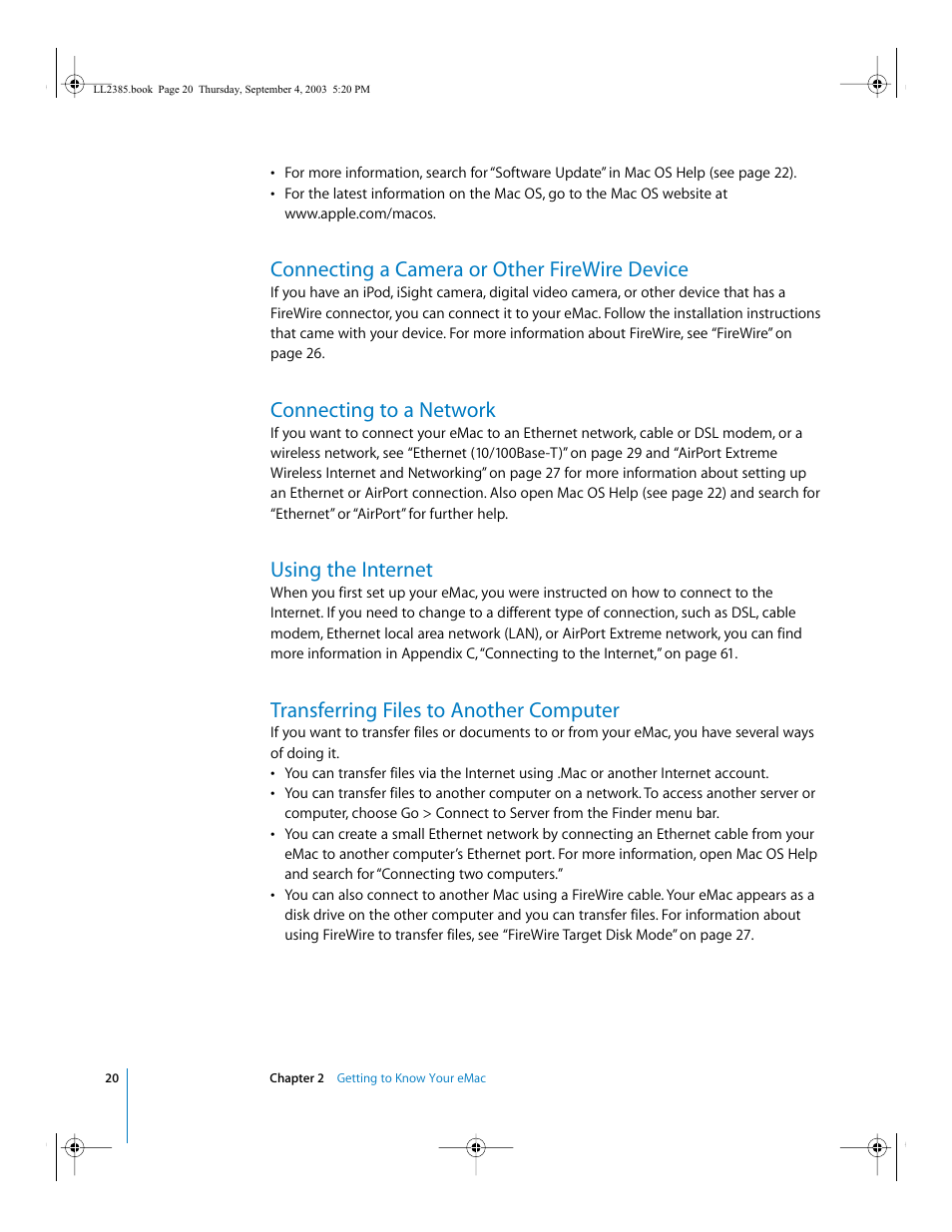 Connecting a camera or other firewire device, Connecting to a network, Using the internet | Transferring files to another computer | Apple eMac User Manual | Page 20 / 80