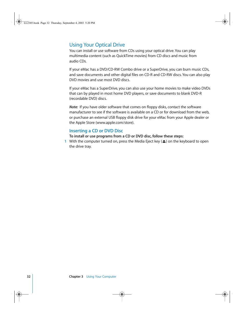 Using your optical drive | Apple eMac User Manual | Page 32 / 80