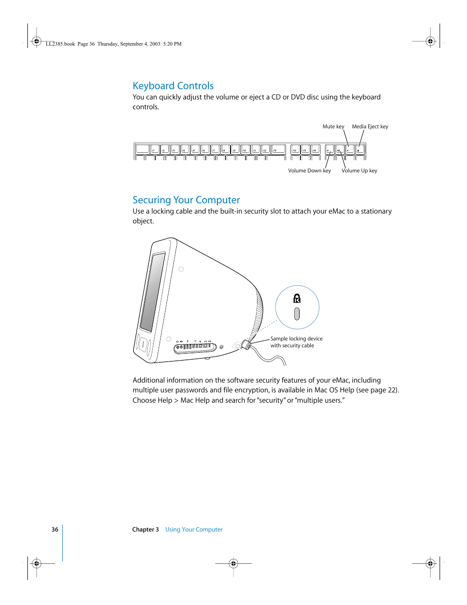Keyboard controls, Securing your computer | Apple eMac User Manual | Page 36 / 80