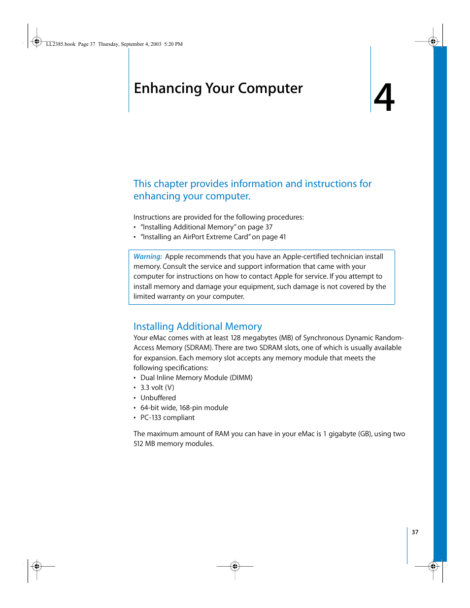 Enhancing your computer, Installing additional memory, Chapter | Chapter 4, “enhancing your computer | Apple eMac User Manual | Page 37 / 80