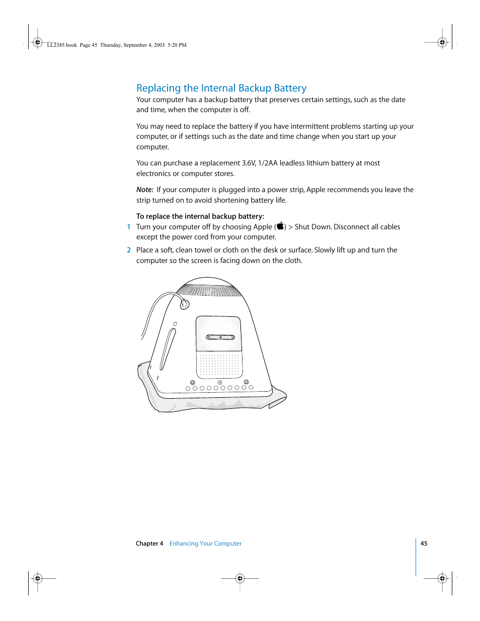 Replacing the internal backup battery | Apple eMac User Manual | Page 45 / 80