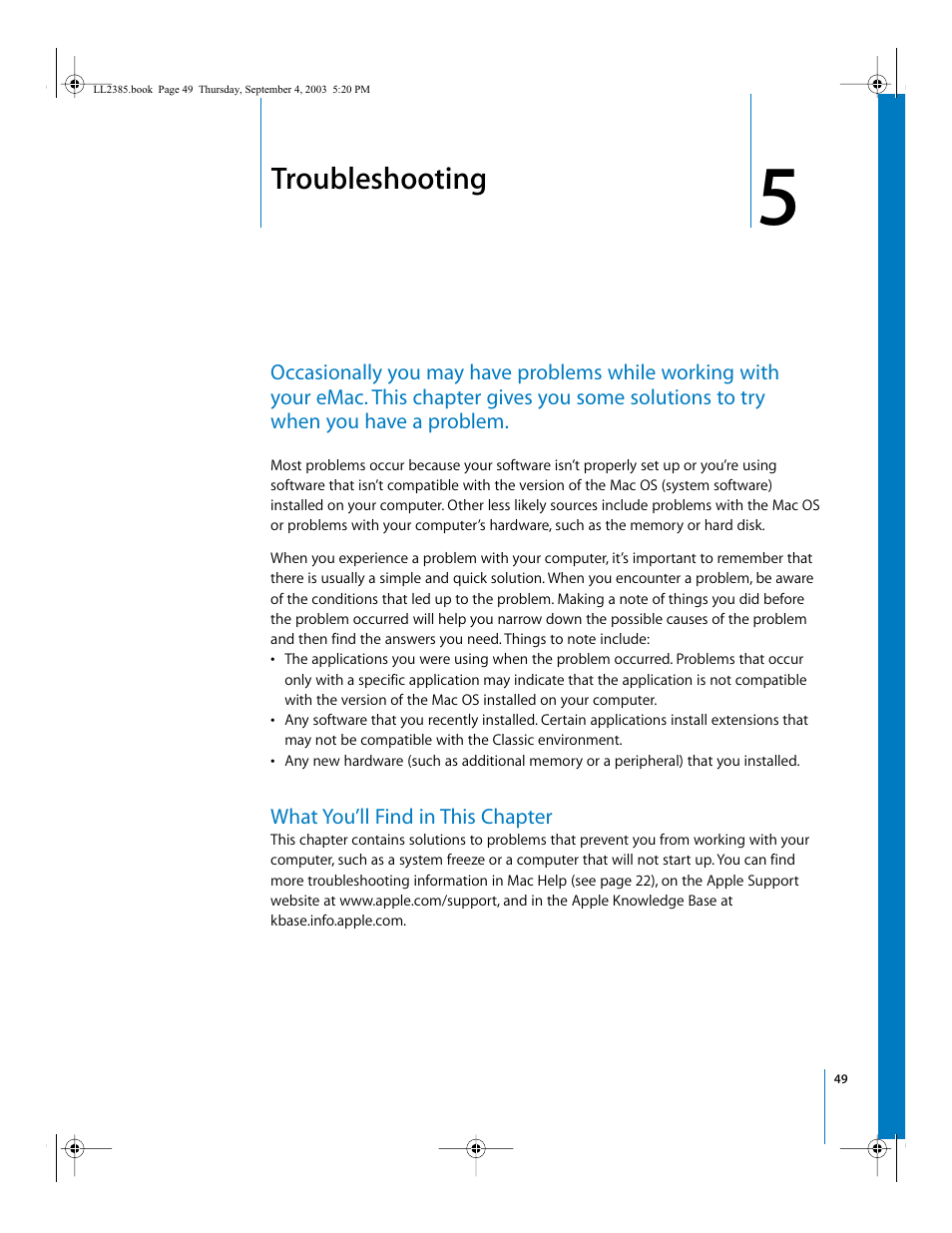 Troubleshooting, What you’ll find in this chapter, Chapter | Chapter 5, “troubleshooting | Apple eMac User Manual | Page 49 / 80