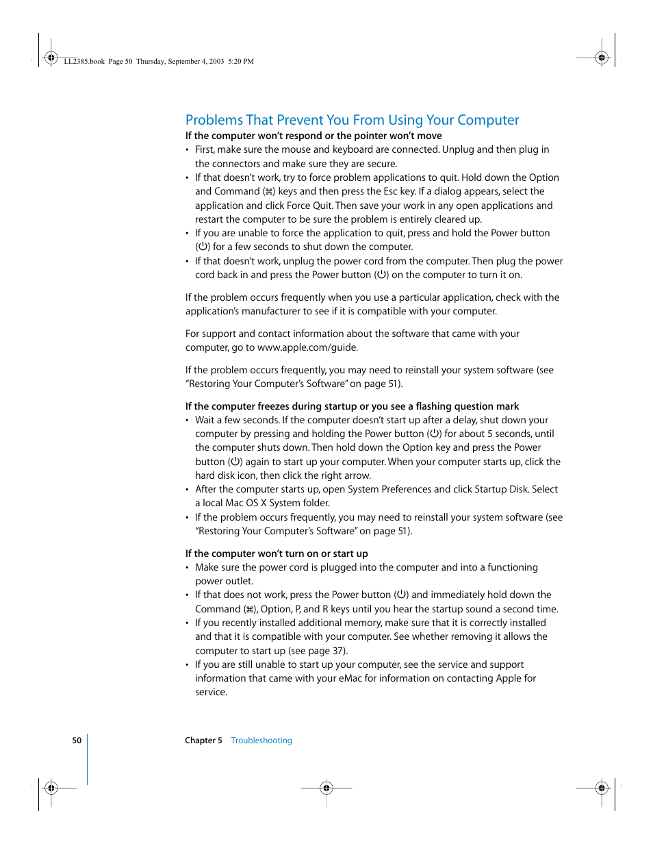 Problems that prevent you from using your computer | Apple eMac User Manual | Page 50 / 80