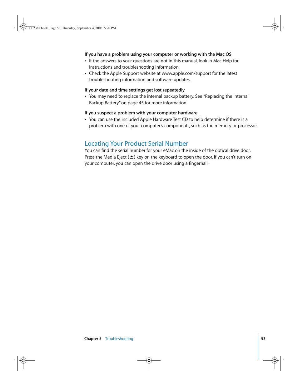 Locating your product serial number | Apple eMac User Manual | Page 53 / 80