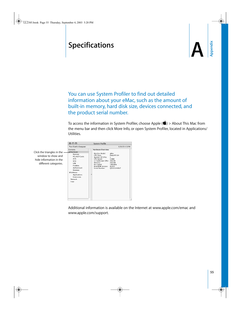 Specifications, Appendix | Apple eMac User Manual | Page 55 / 80