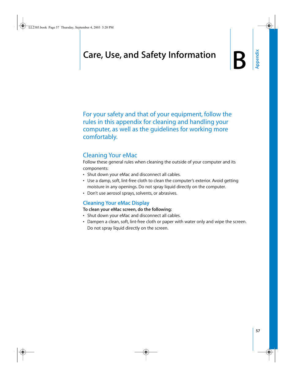 Care, use, and safety information, Cleaning your emac, Appendix | Apple eMac User Manual | Page 57 / 80