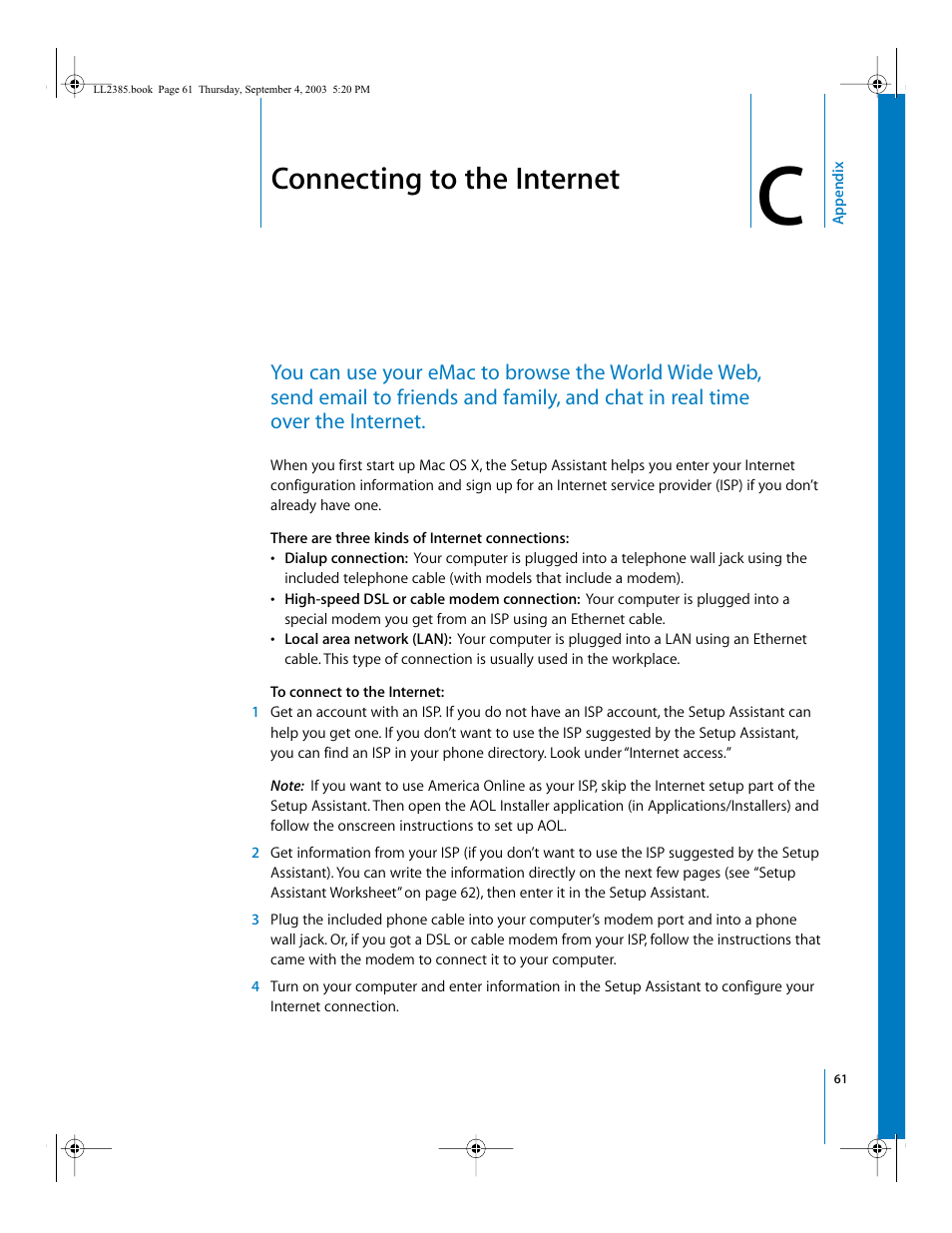 Connecting to the internet, Appendix | Apple eMac User Manual | Page 61 / 80