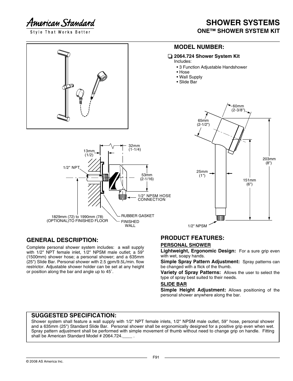 American Standard One Shower System 2064.724 User Manual | 2 pages