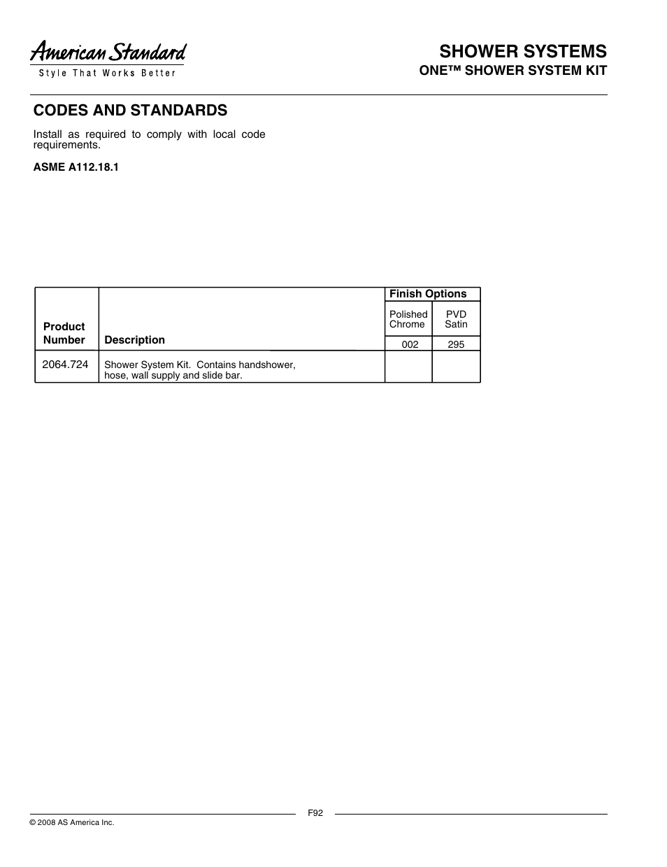 Shower systems, Codes and standards, One™ shower system kit product features | Model number, Suggested specification, General description | American Standard One Shower System 2064.724 User Manual | Page 2 / 2