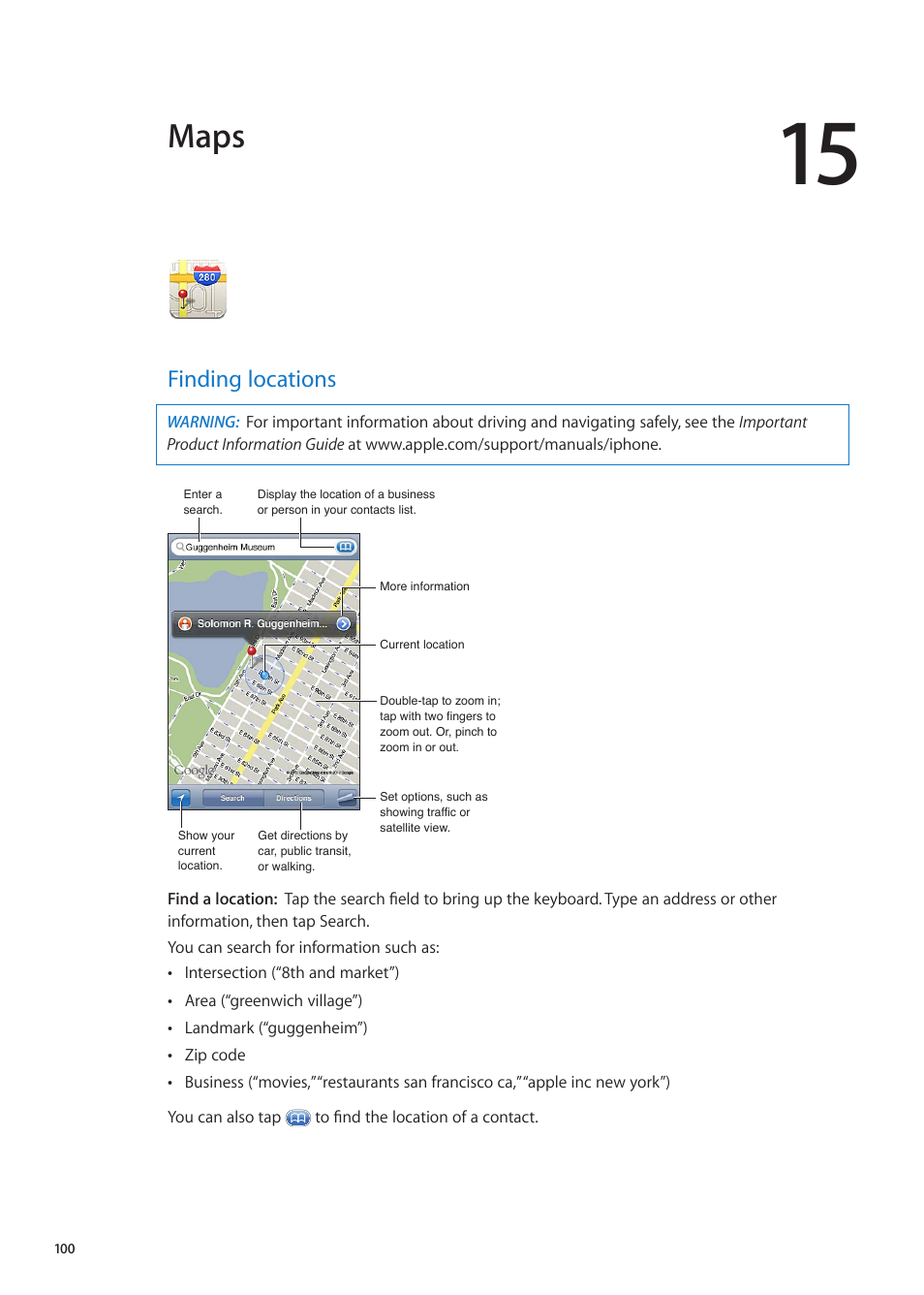 Chapter 15: maps, Finding locations, 100 finding locations | Maps | Apple iPhone iOS 5.1 User Manual | Page 100 / 179