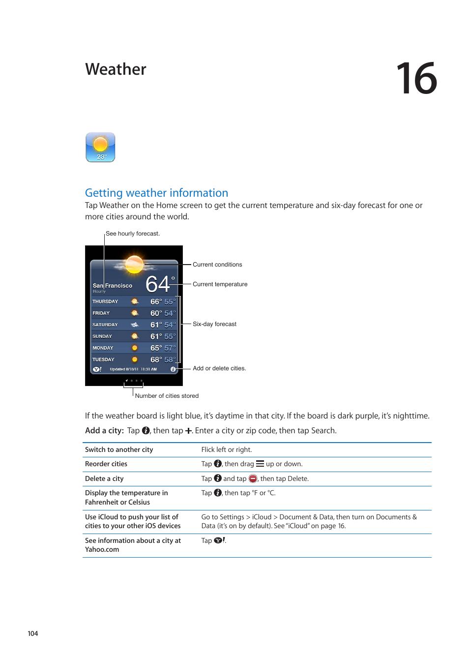 Chapter 16: weather, Getting weather information, 104 getting weather information | Weather | Apple iPhone iOS 5.1 User Manual | Page 104 / 179