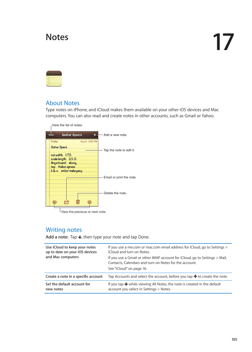 Chapter 17: notes, About notes, Writing notes | 105 about notes 105 writing notes | Apple iPhone iOS 5.1 User Manual | Page 105 / 179
