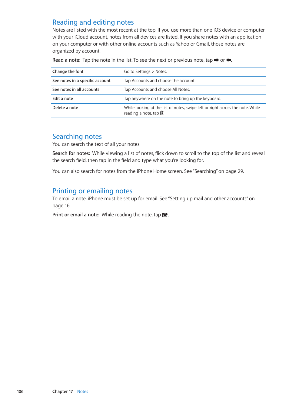 Reading and editing notes, Searching notes, Printing or emailing notes | Apple iPhone iOS 5.1 User Manual | Page 106 / 179