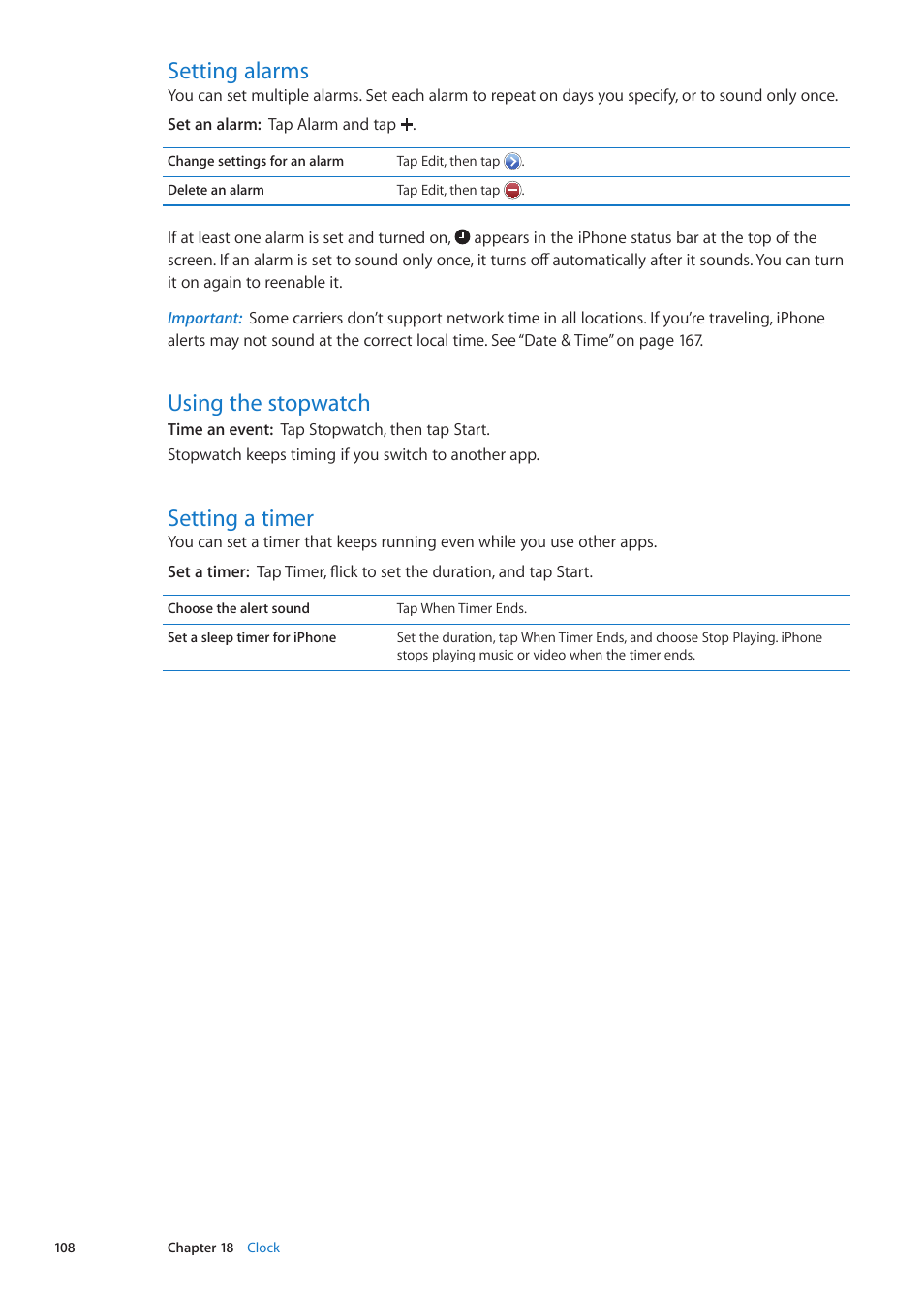 Setting alarms, Using the stopwatch, Setting a timer | Apple iPhone iOS 5.1 User Manual | Page 108 / 179