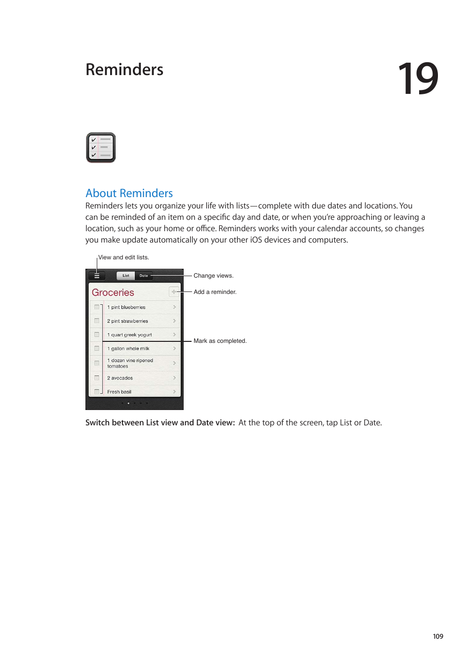 Chapter 19: reminders, About reminders, 109 about reminders | Reminders | Apple iPhone iOS 5.1 User Manual | Page 109 / 179