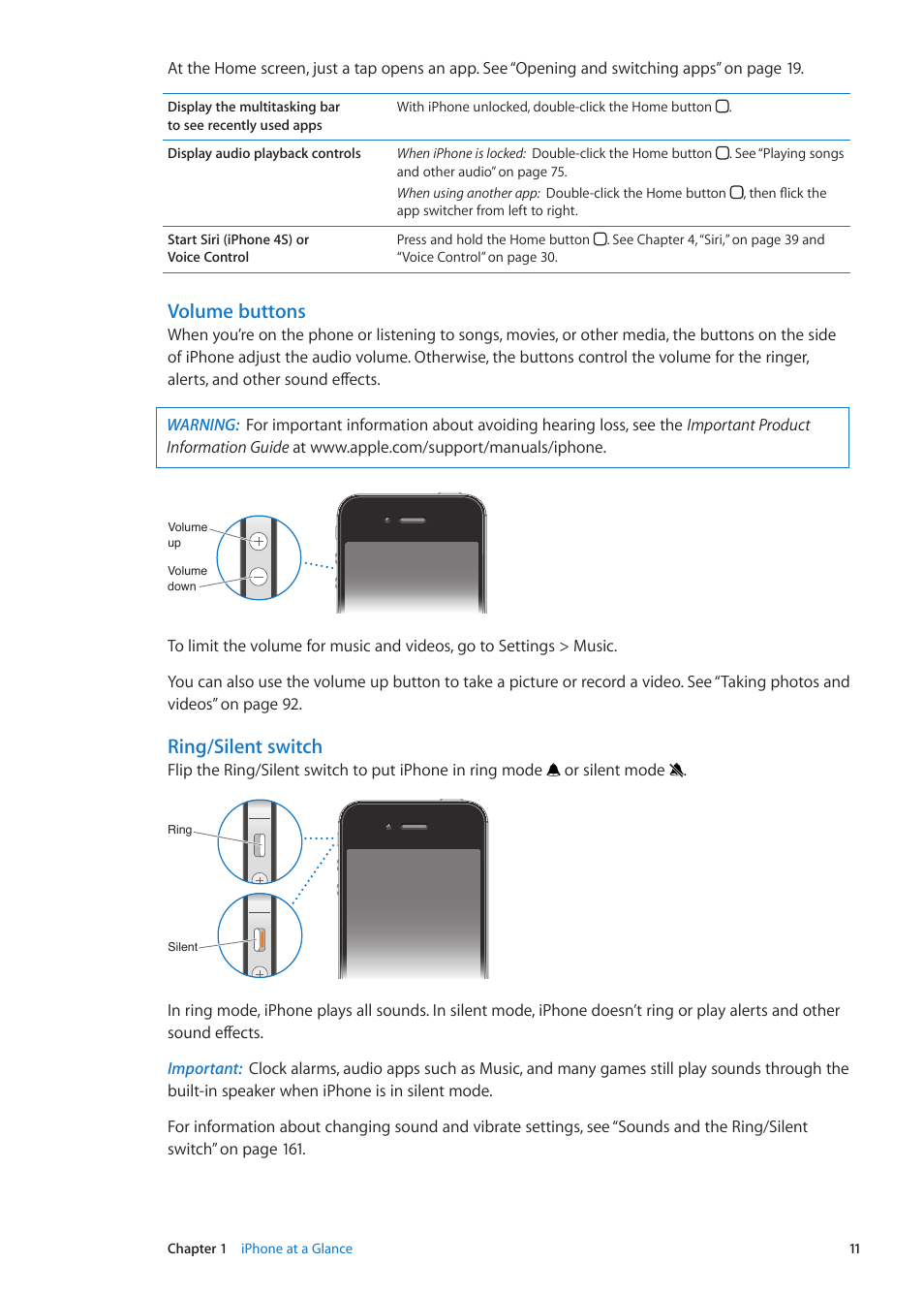 Volume buttons, Ring/silent switch | Apple iPhone iOS 5.1 User Manual | Page 11 / 179