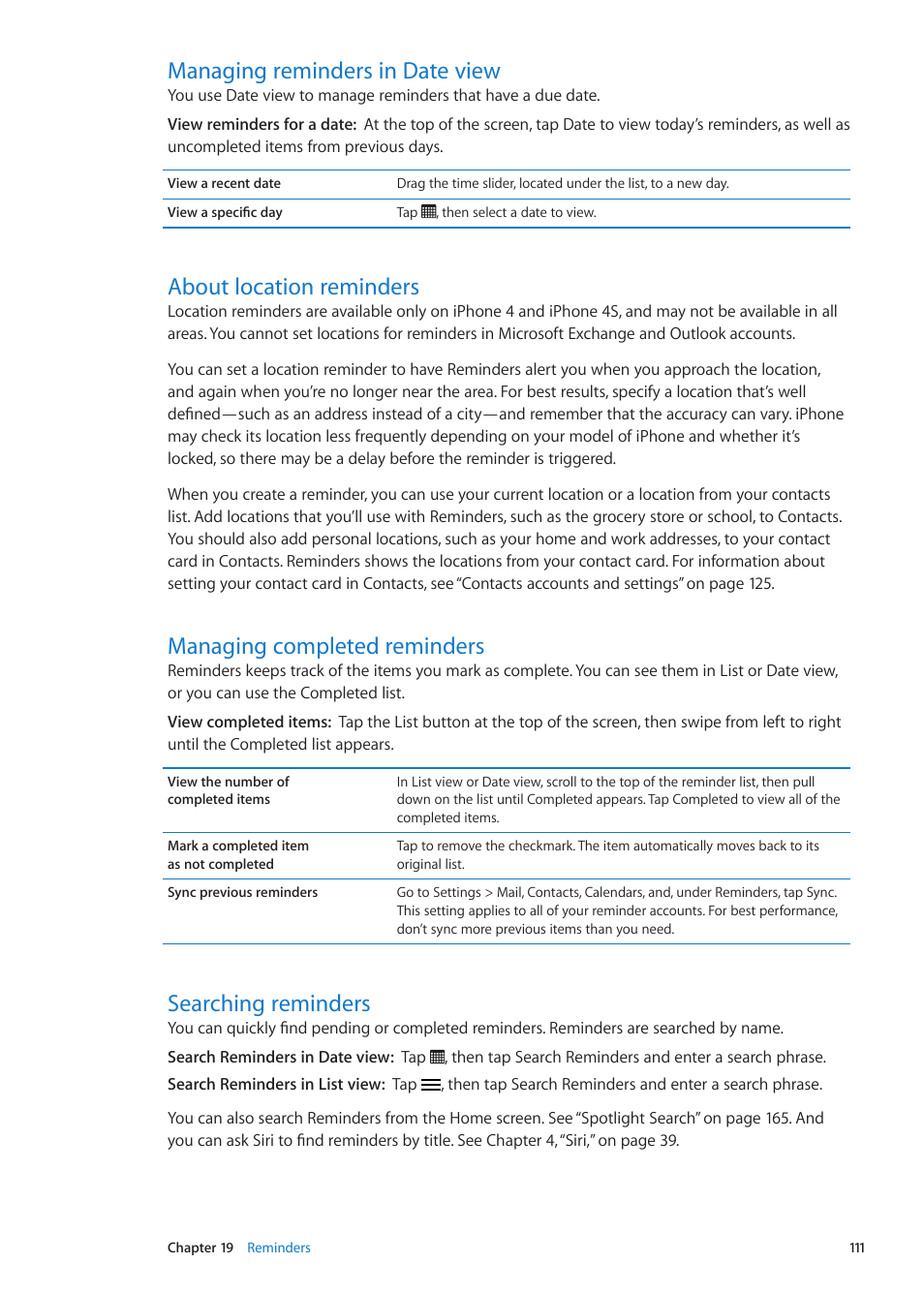 Managing reminders in date view, About location reminders, Managing completed reminders | Searching reminders | Apple iPhone iOS 5.1 User Manual | Page 111 / 179