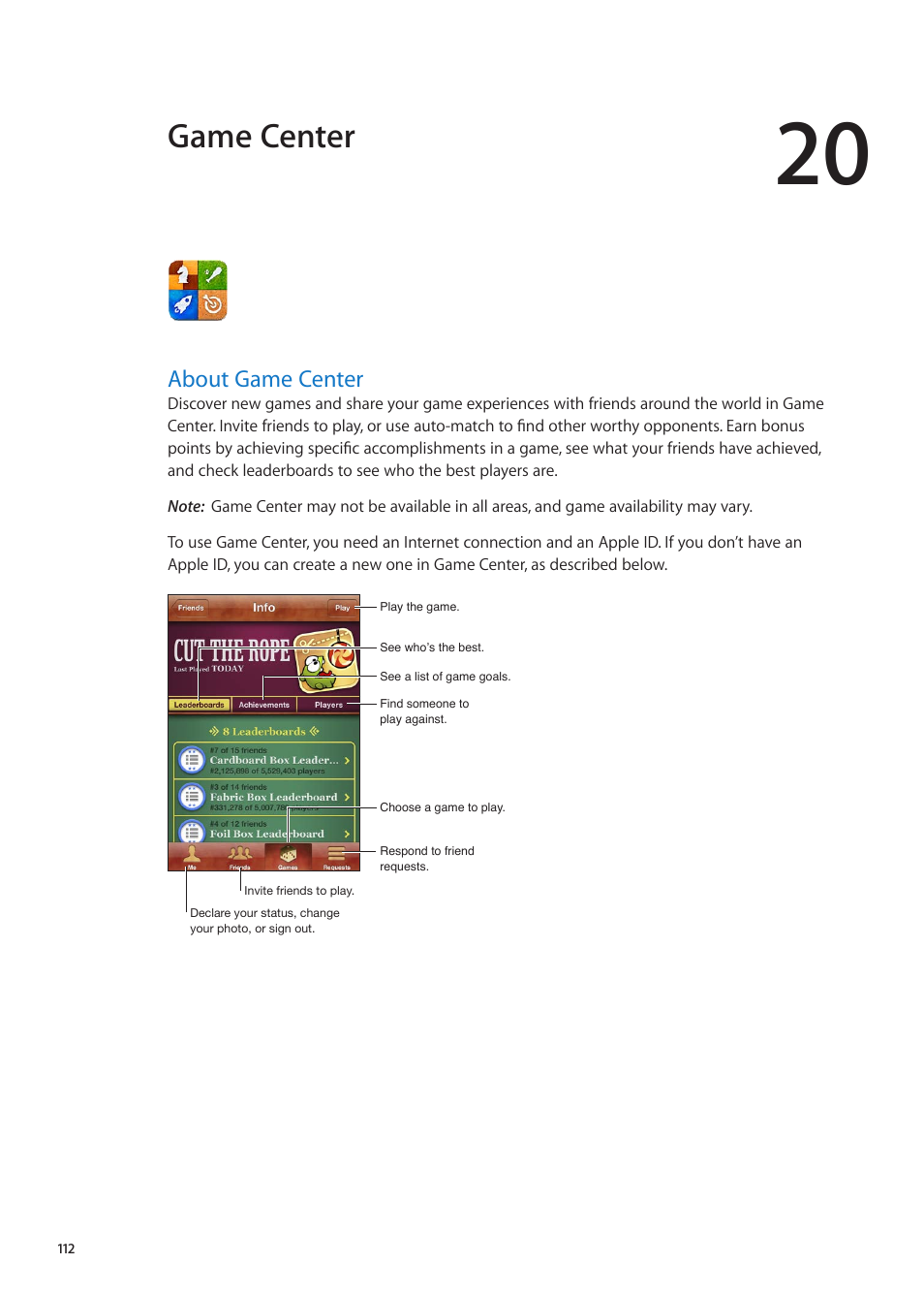 Chapter 20: game center, About game center, 112 about game center | Game center | Apple iPhone iOS 5.1 User Manual | Page 112 / 179