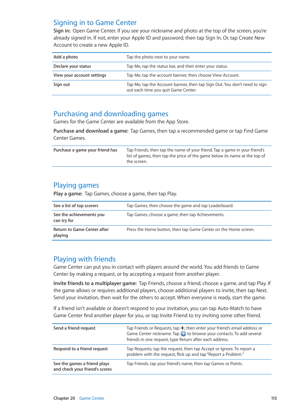 Signing in to game center, Purchasing and downloading games, Playing games | Playing with friends | Apple iPhone iOS 5.1 User Manual | Page 113 / 179