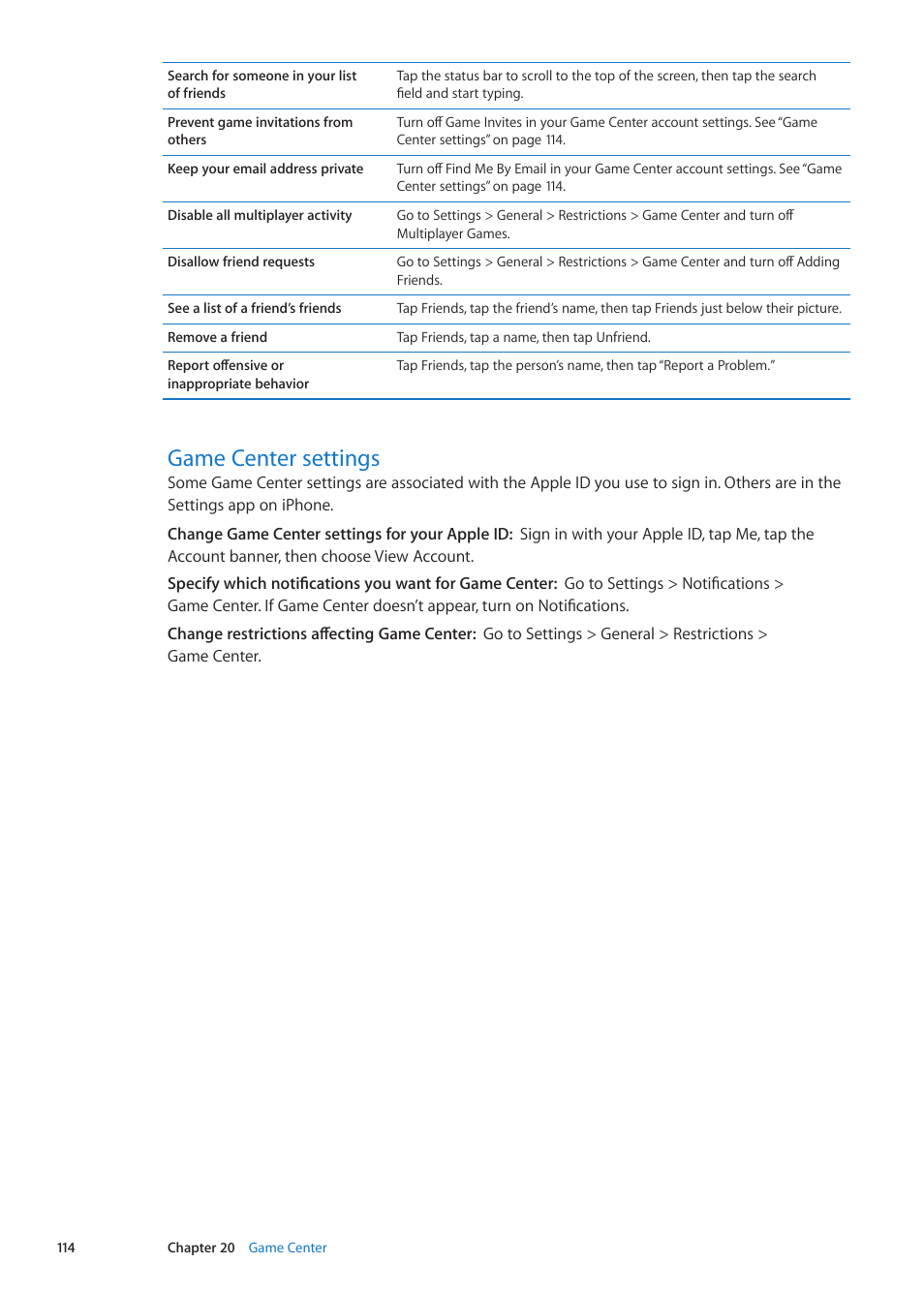 Game center settings, 114 game center settings | Apple iPhone iOS 5.1 User Manual | Page 114 / 179