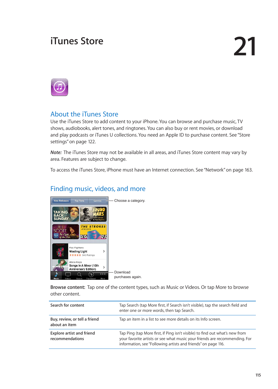 Chapter 21: itunes store, About the itunes store, Finding music, videos, and more | Itunes, Store, Itunes store | Apple iPhone iOS 5.1 User Manual | Page 115 / 179