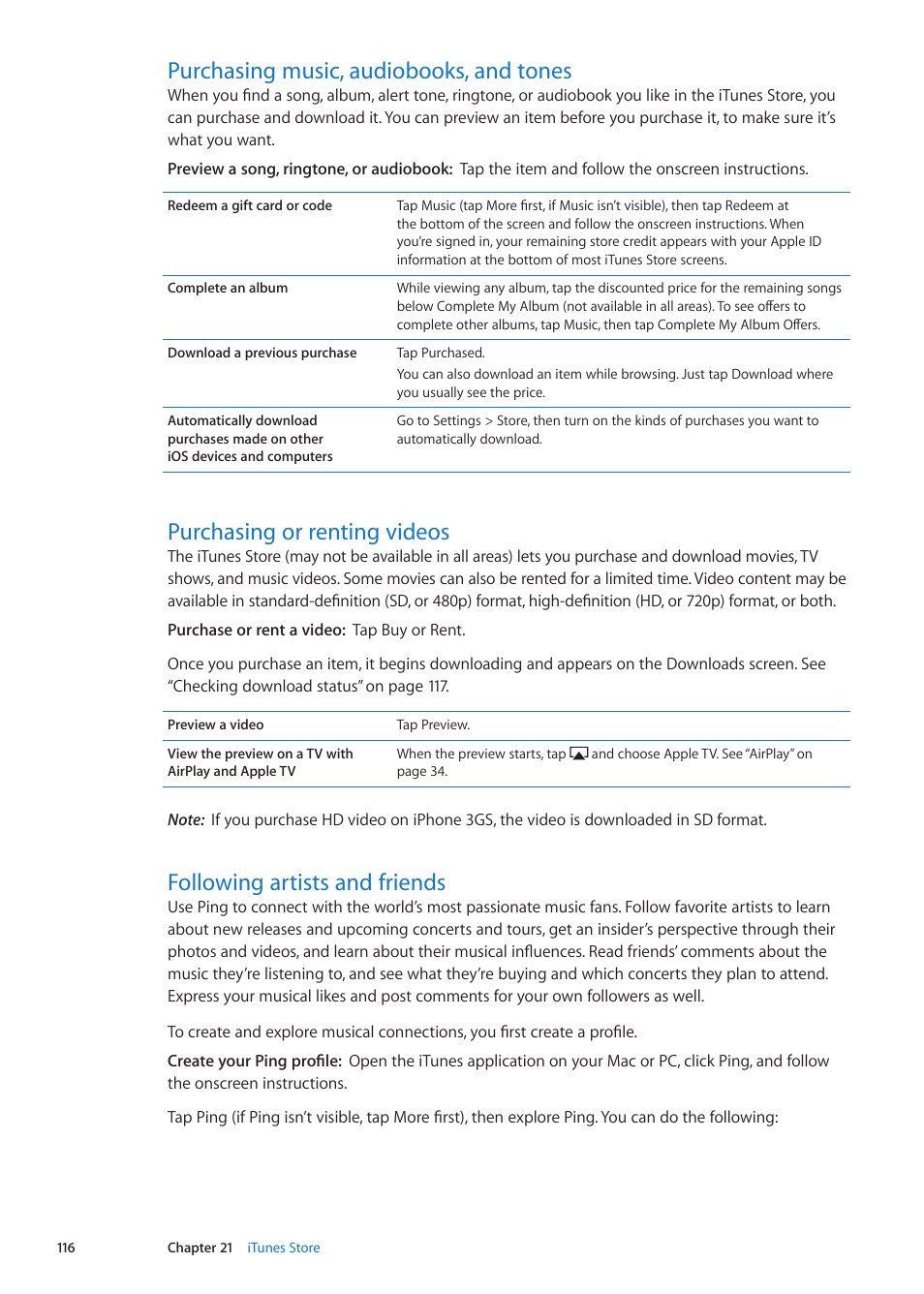 Purchasing music, audiobooks, and tones, Purchasing or renting videos, Following artists and friends | Apple iPhone iOS 5.1 User Manual | Page 116 / 179