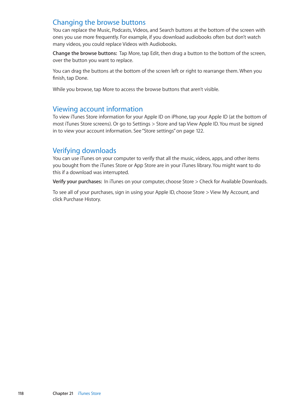 Changing the browse buttons, Viewing account information, Verifying downloads | Apple iPhone iOS 5.1 User Manual | Page 118 / 179