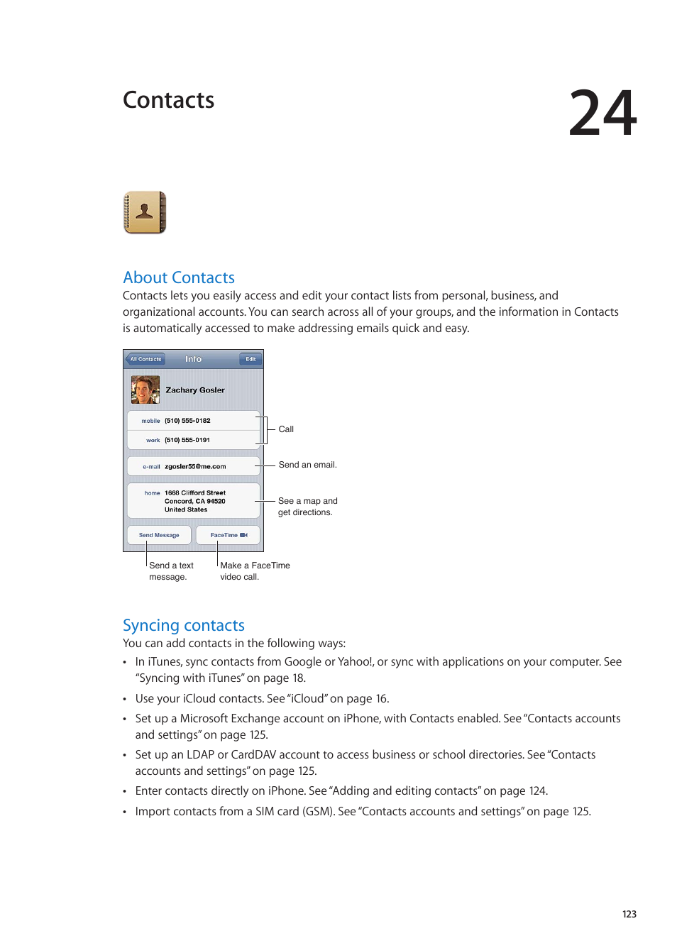 Chapter 24: contacts, About contacts, Syncing contacts | 123 about contacts 123 syncing contacts, Contacts | Apple iPhone iOS 5.1 User Manual | Page 123 / 179