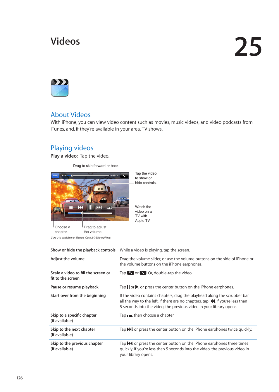 Chapter 25: videos, About videos, Playing videos | 126 about videos 126 playing videos, Videos | Apple iPhone iOS 5.1 User Manual | Page 126 / 179