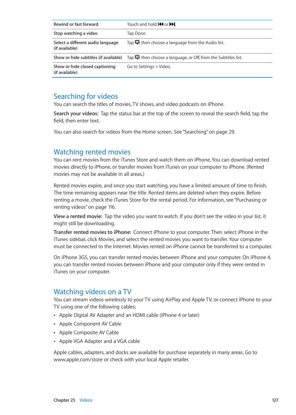 Searching for videos, Watching rented movies, Watching videos on a tv | Apple iPhone iOS 5.1 User Manual | Page 127 / 179